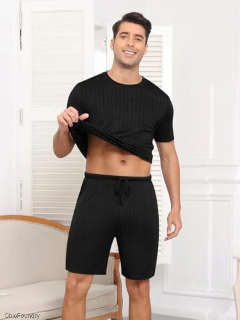 Men's Knit Pajama Set, 2 Piece Crewneck Tee & Shorts, Lightweight Stretch